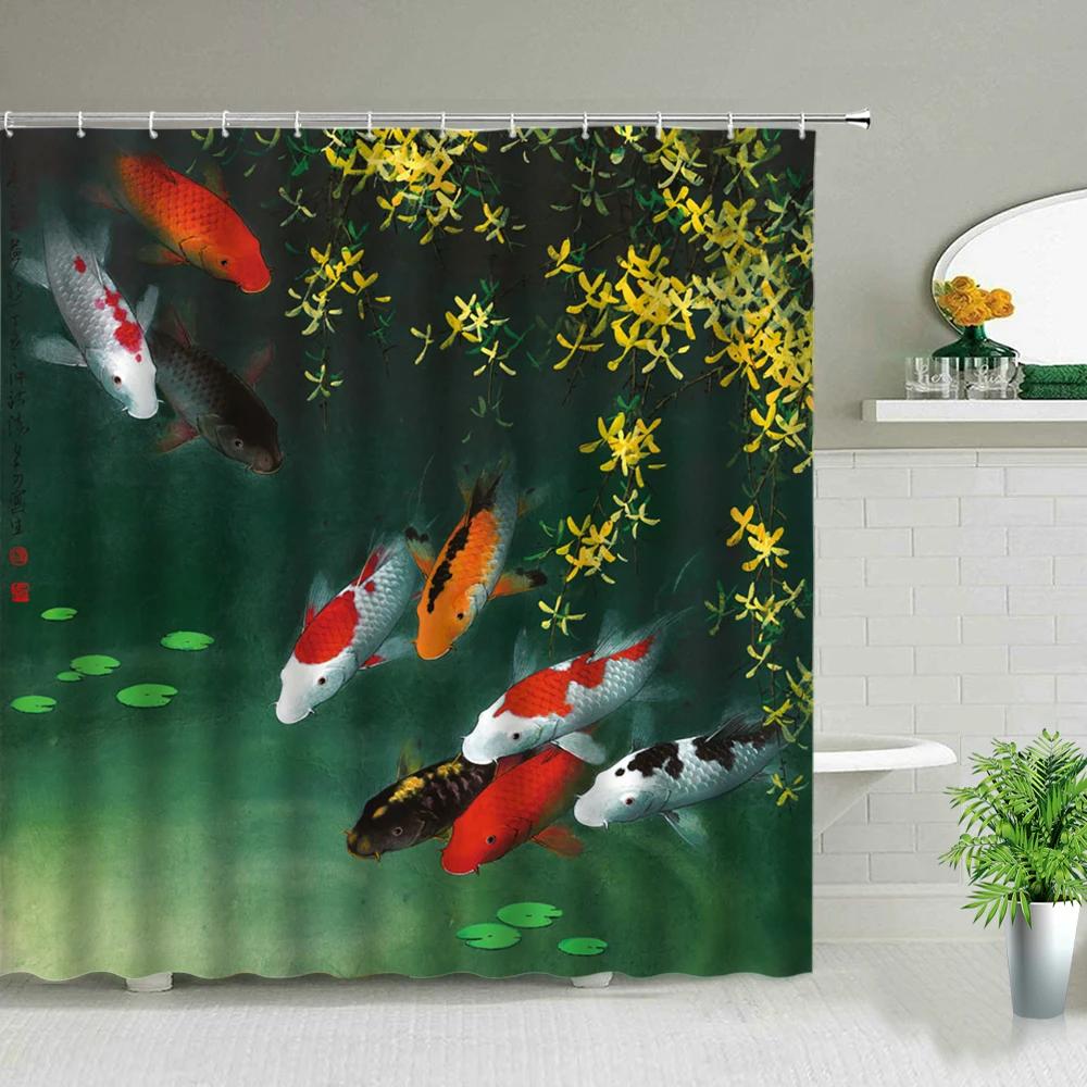 Modern Chinese Style Koi Fish Scenery Shower Curtain Bathroom Screen Waterproof Fabric Background Wall Decor Hanging Curtains
