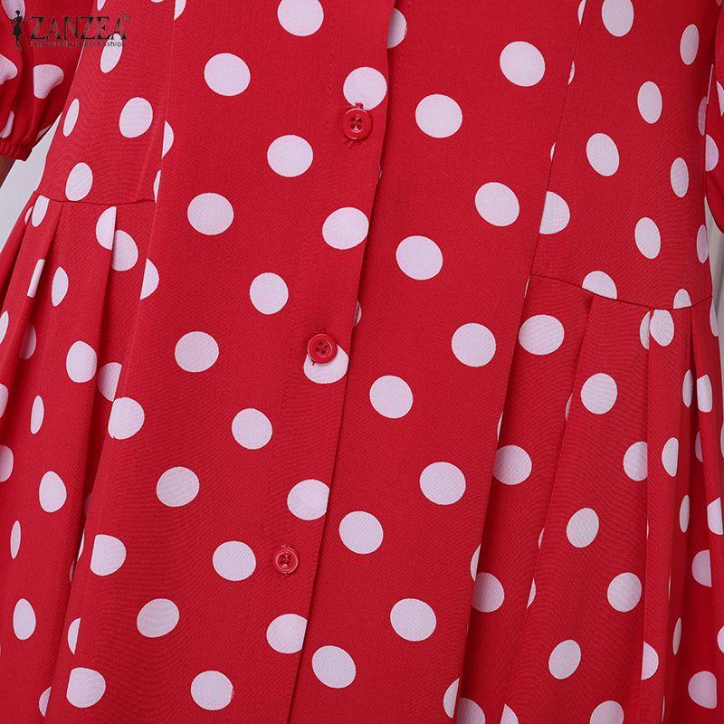ZANZEA Vintage Damen Casual Umlegekragen Locker Halbarmlig Gepunktet Plissiertes Kleid