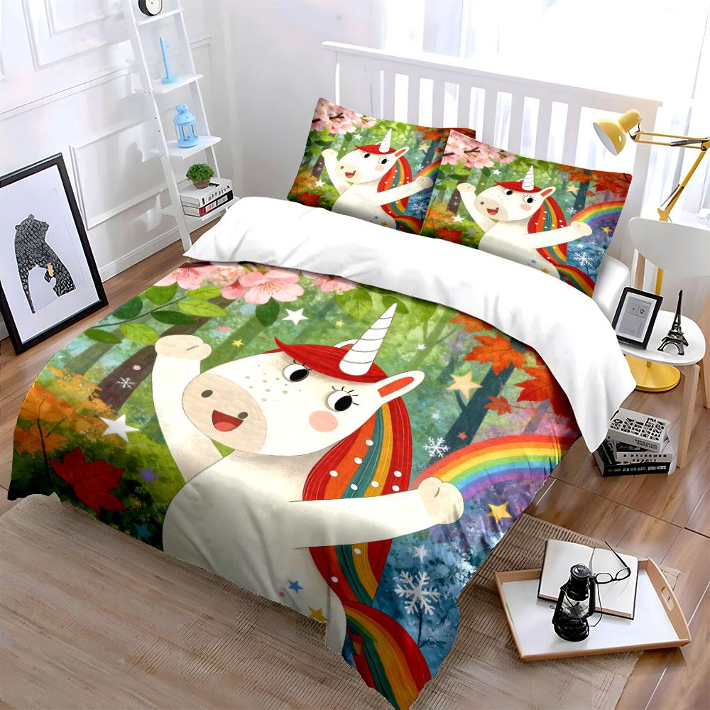 Einhorn Fantasy Dekor Set Weiche Bequeme Bettbezug Bettwäsche Set Enthalten 1*Bettbezug & 2*Kissenbezüge, Geschenk