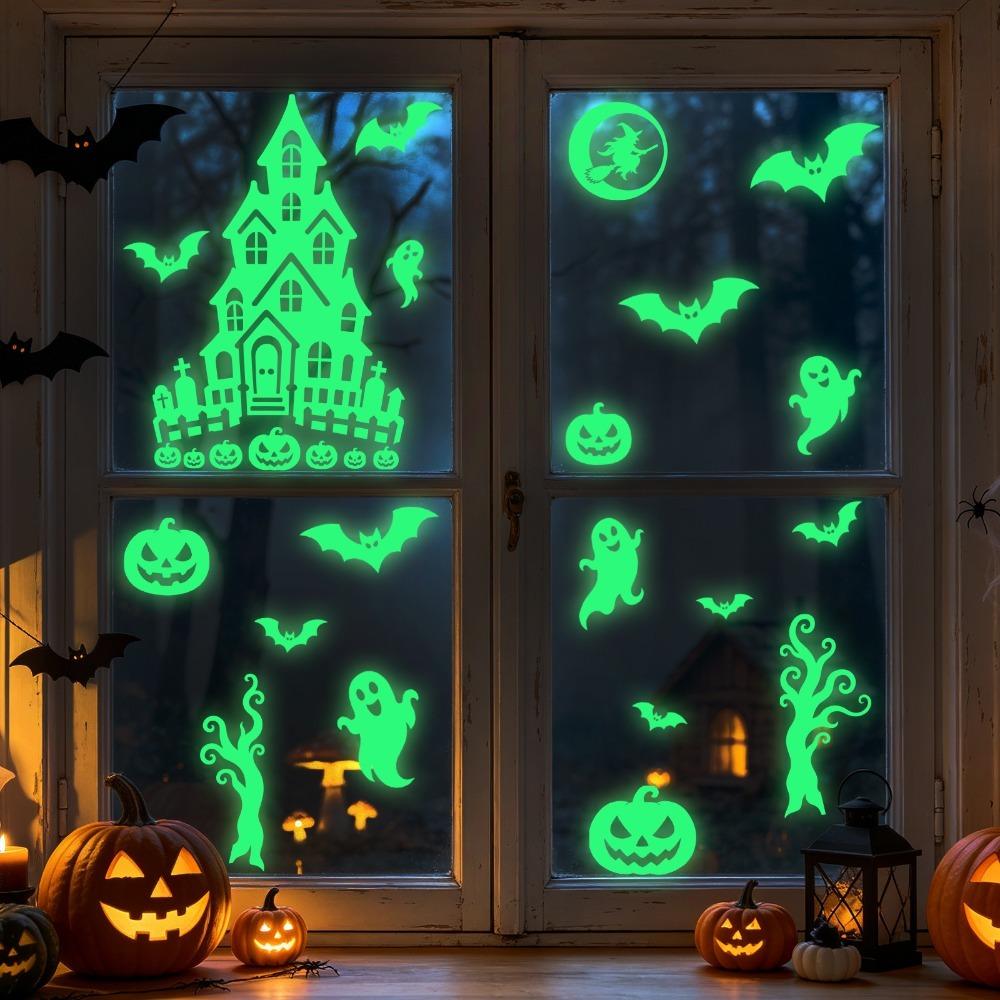 2 Sheet Fluorescent Window Sticker Ghost Pumpkin Eye Pattern Wall Decals Static-cling Stickers Door