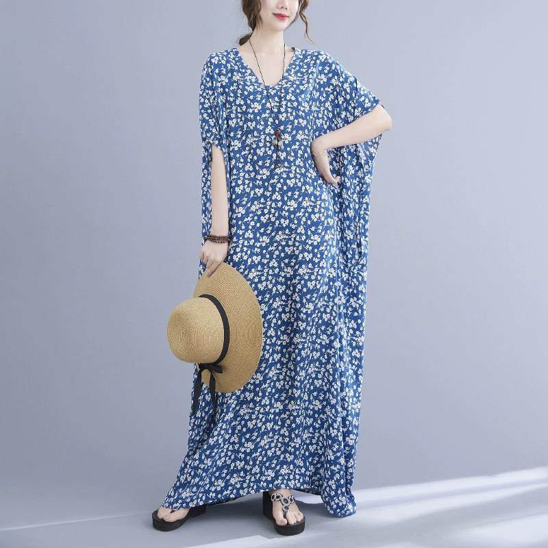 Dimanaf 2024 Plus Size Dress Women Summer V-Neck Sundress Bohemian Floral Print Loose Big Oversize Maxi Dress 5112