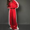 Tuta sportiva retro europea e americana con striscia laterale in raso, giacca con cerniera a collo semi-dolcevita a maniche lunghe, pantaloni a vita alta a gamba larga