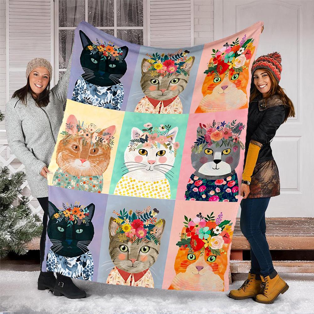 1pc Floral Cat Prints Outdoor Flannel Blanket Soft All Season Polyester Throw , Perfect for Picnics & Travel , Picnic Accessory
