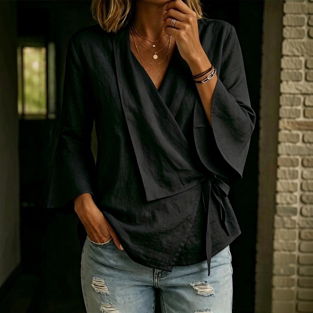 Damen Bluse mit Glockenärmeln, V-Ausschnitt, Bindung vorne und asymmetrischem Saum, Lässiges Baumwoll-Leinen Top