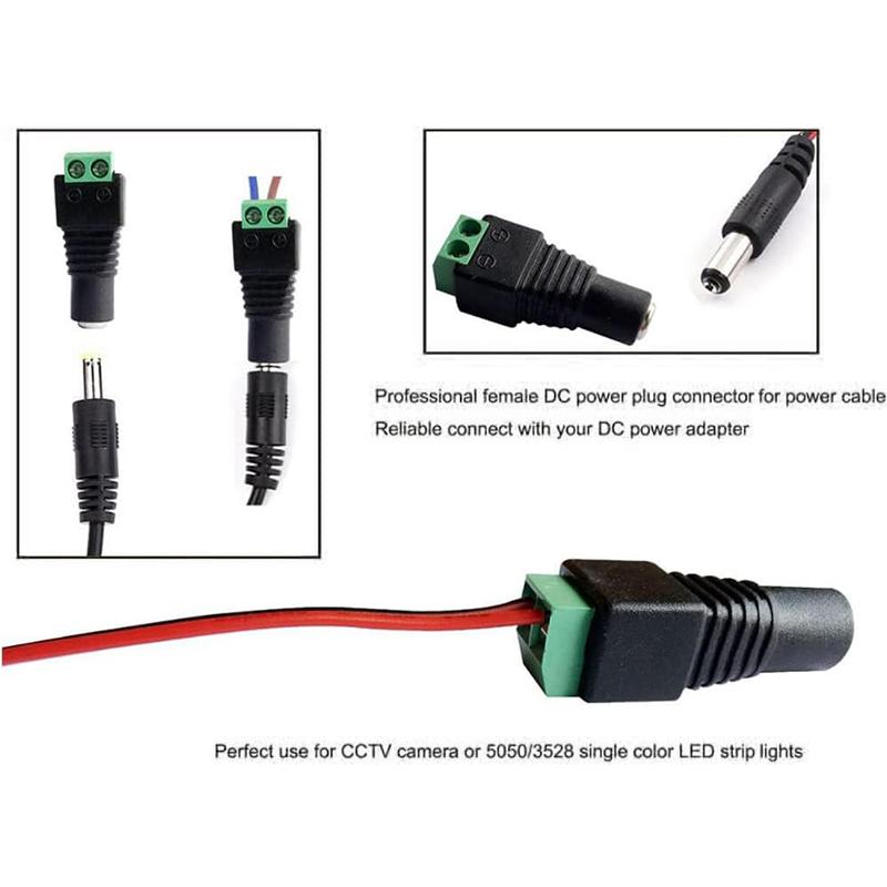 12V Power Connector 2.1mm X 5.5mm Plug Adapter DC Male Female Terminals For CCTV Cameras 5050 3528 Single Color LED Strp