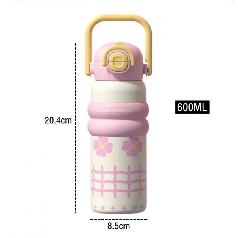 600ml Cartoon Vacuum Thermos Flask With Straw Portable Double Drink Adult Children Coffee Cups Thermal Water Bottle Drinkware