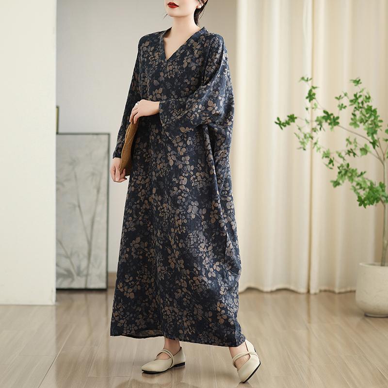 

Dimanaf 2025 Женское Платье Больших Размеров Весна Лето Базовое Винтажное Длинное Платье С Принтом Листьев Свободное Длинный Рукав One Size темно-синий