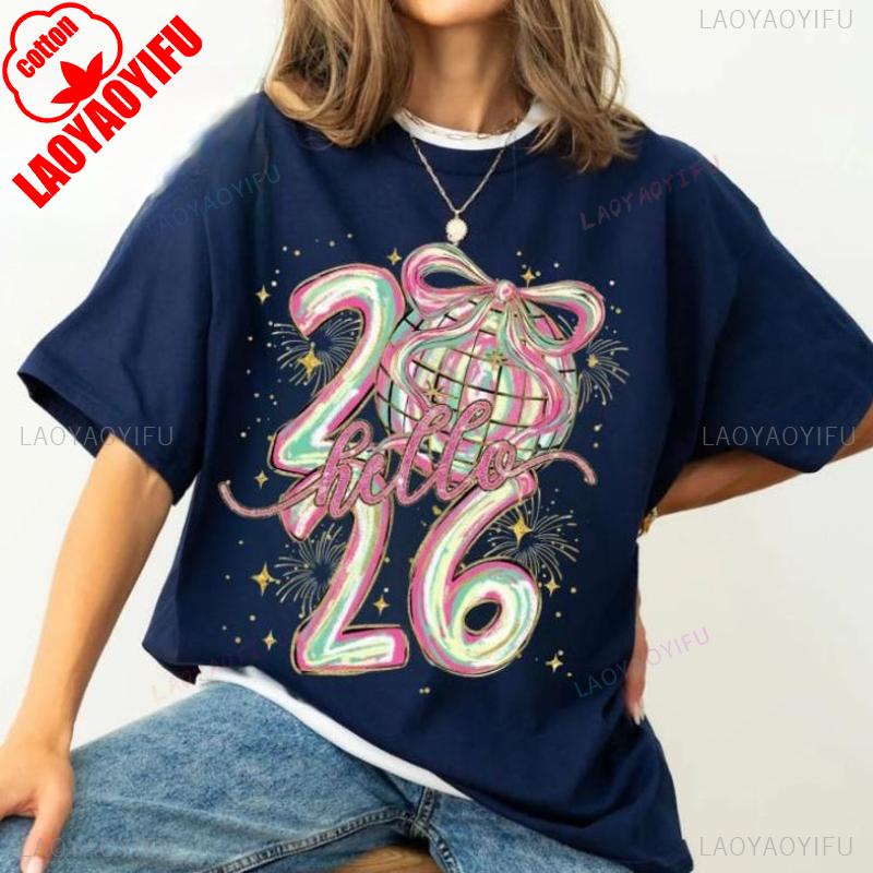 

Coquette Hello Happy 2026 New Chapter Unisex Shirt Brushstroke New Year Disco Ball Hand Drawn Crewneck Printed Tshirt Tops 4XL