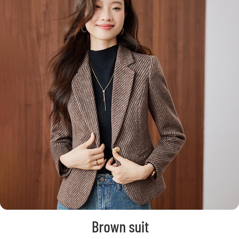 Women's Khaki Striped Wool-Blend Blazer - Slim Fit, Autumn/Winter 2025