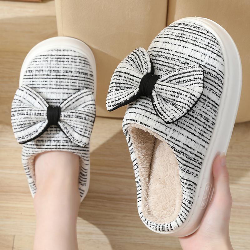 Lucyever милые хлопковые тапочки с бантом женские зимние домашние сохраняющие тепло — фото 3