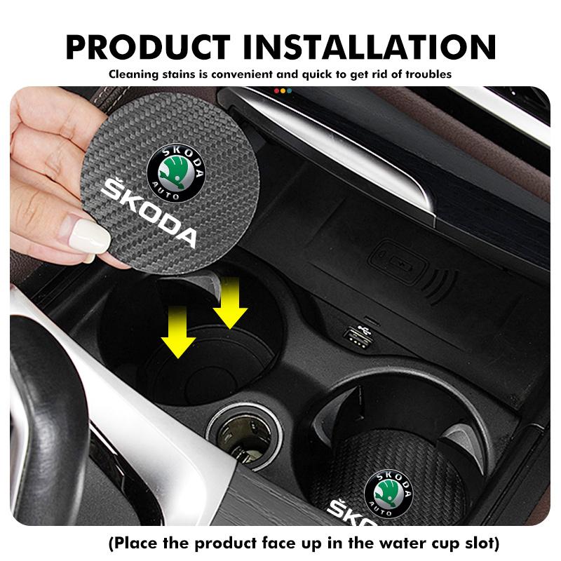 2 Stück Auto Kohlefaser Untersetzer Anti-Rutsch Wasserbecher Getränkeunterlage Für Skoda Kamiq Karoq Octavia 2 3 Rapid Scala Kami Fabia VII VRS