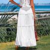 Women's White Drawstring Elastic Waist Swing Skirt Bohemian Resort Style A Swing Cake Long Skirt for Women