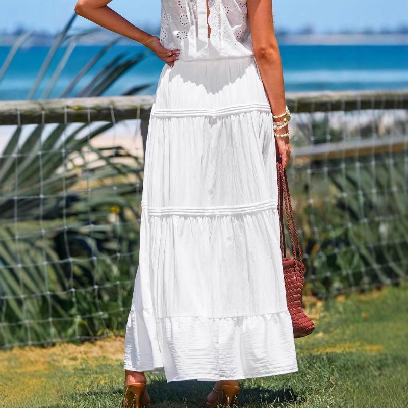 Women's White Drawstring Elastic Waist Swing Skirt Bohemian Resort Style A Swing Cake Long Skirt for Women