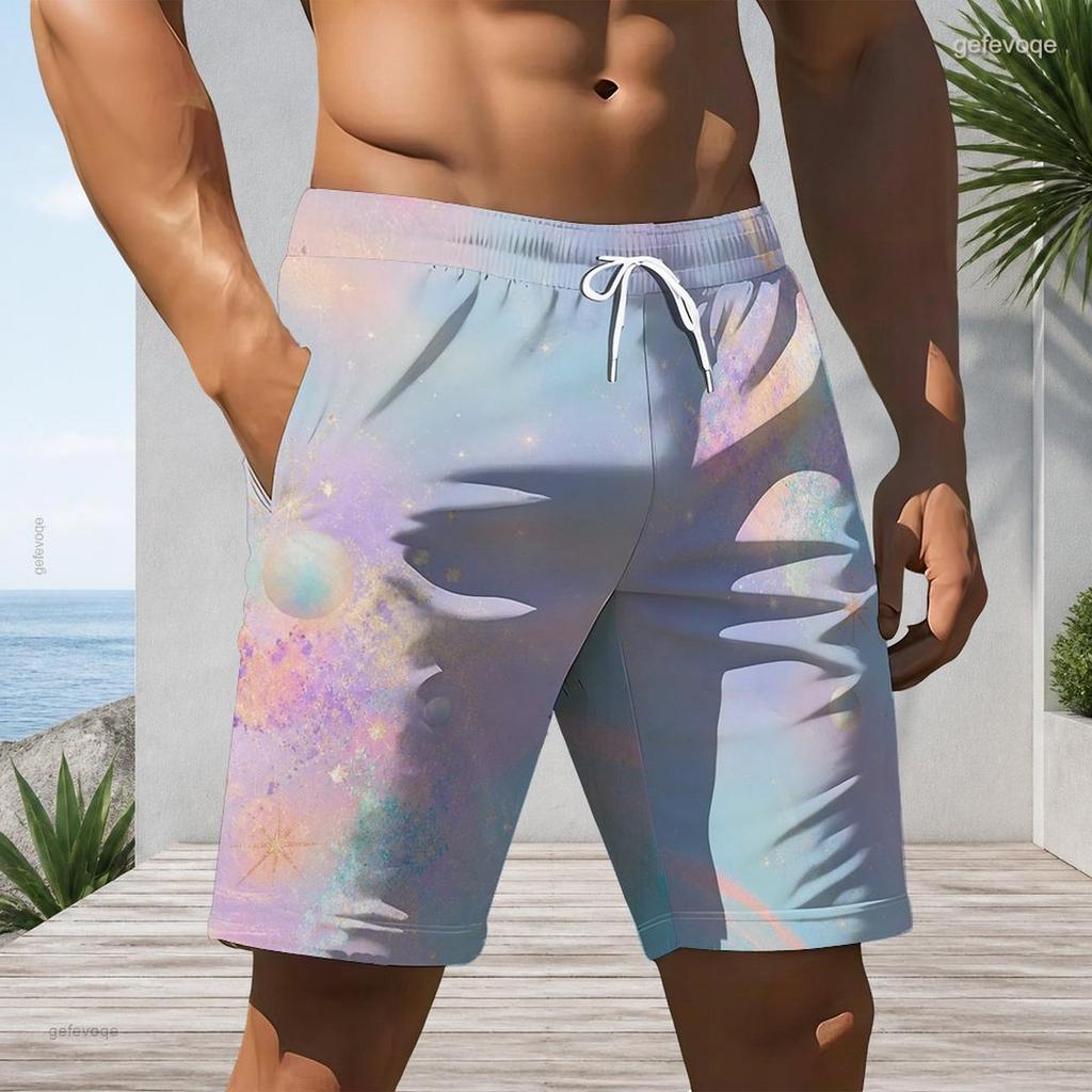 Men Plus Size Colorful Glitter Printed Beach Shorts Drawstring Waist Straight Leg With Side Pockets
