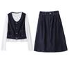 Women's Summer 2025 Dark Blue Denim Three-Piece Set: Short-Sleeved Shirt, Midi Skirt, and Suit Skirt in Korean Style