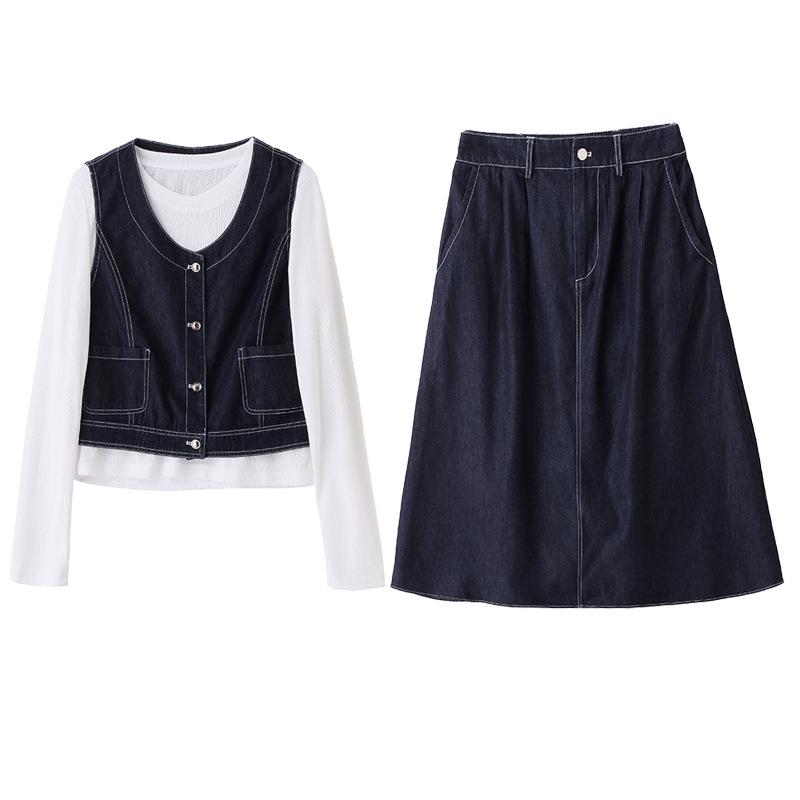 Women's Summer 2025 Dark Blue Denim Three-Piece Set: Short-Sleeved Shirt, Midi Skirt, and Suit Skirt in Korean Style