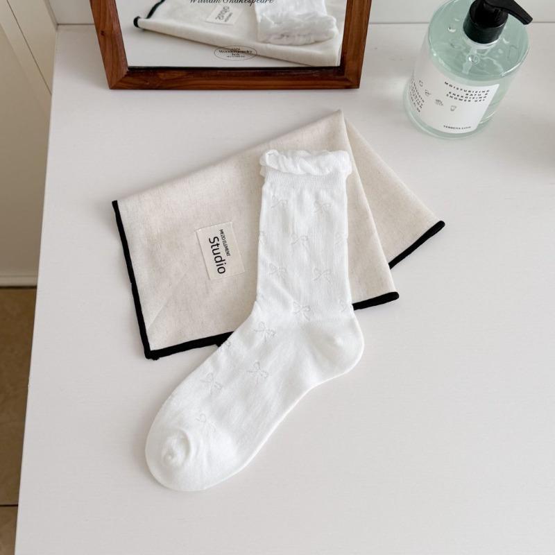 White Lace Socks - Summer Light Style Cotton Mid-calf Socks. Summer Ballet-style Bunchy Lace-up Socks. 1 pair белый