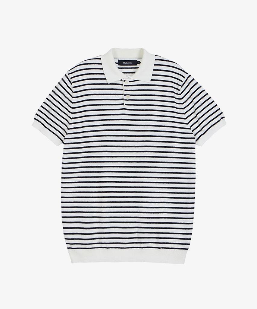 MAKEITTO Striped Knit Collared Short Sleeve T-Shirt_White