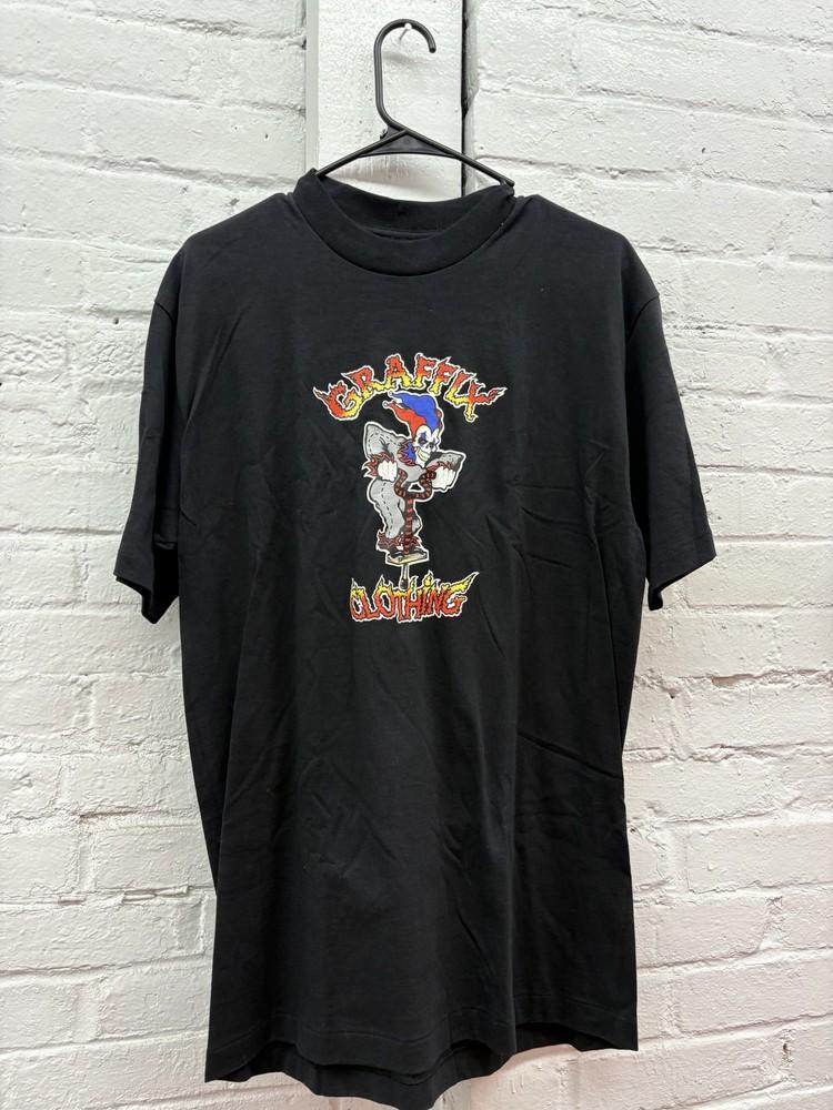 

Vintage Graffix Shirt Mens Large Black Clown Graphic Skater Tee Made USA 90s Unisex T-Shirt L
