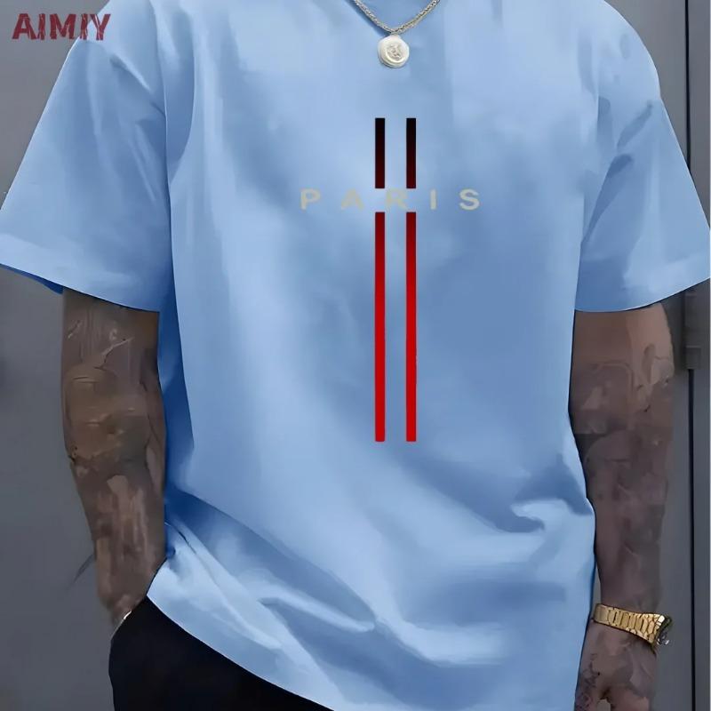 Summer Men's T-shirt Top Casual Loose Fit Oversized T-shirt PARI Letter Pattern Printed Round Neck Short Sleeved Shirt