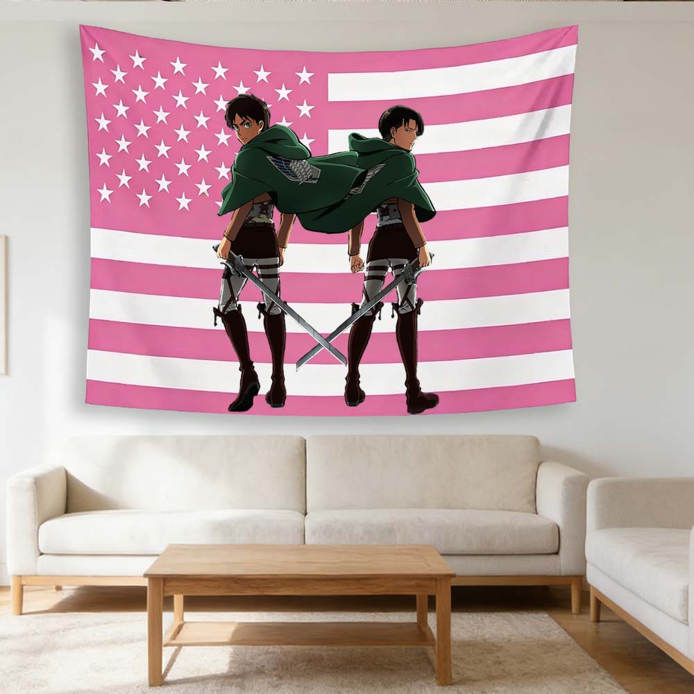 Attack On Titan Eren Levi Pink American Flag Tapestry Anime Fan Merch Wall Hanging for Bedroom Living Room Flat Print Decor