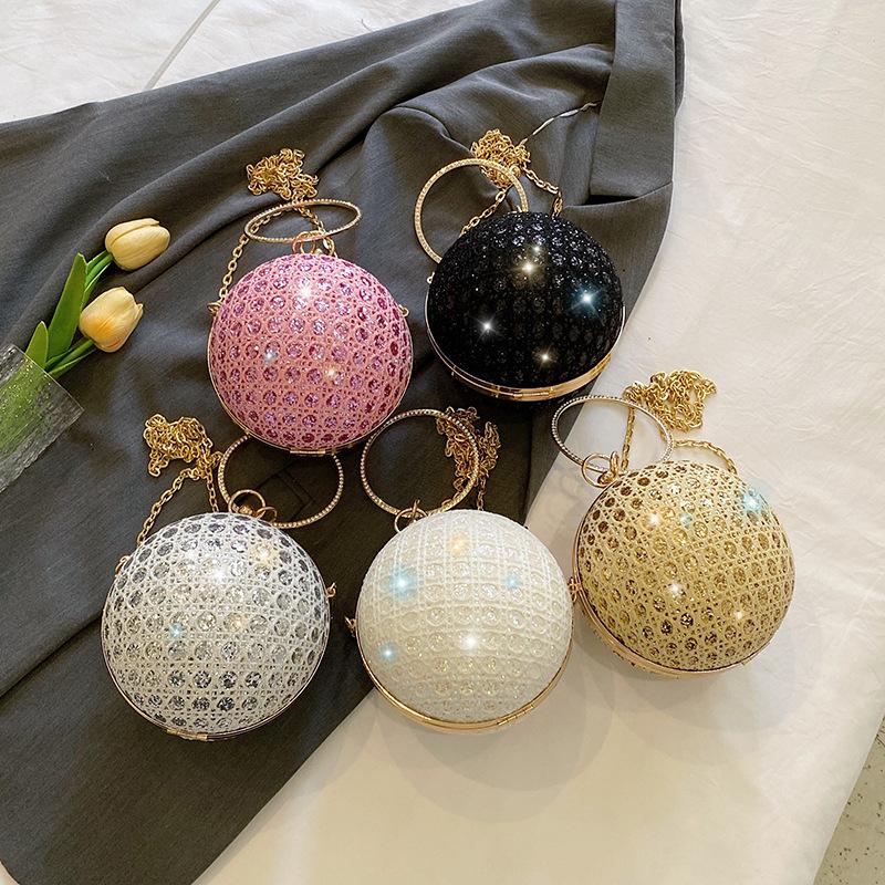 Dinner Bag New 2025 European and American Fashion Diamond-encrusted Retro Shoulder Bag Women's Messenger Chain Round Ball Small Round Bag