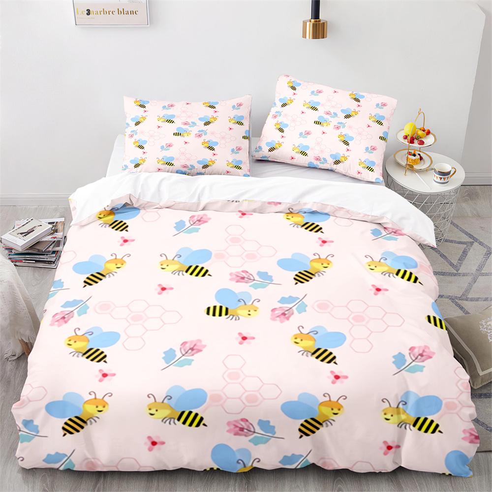 Bee Duvet Cover Set Watercolour Painting Cartoon Cute Wildlife Comforter Cover King Queen for Kids Girl Polyester Bedding Set