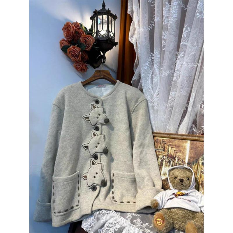 

Japanese Retro Little Fox Long-sleeved Cardigan Women s Autumn and Winter New Small Design Soft and Waxy Fashion Jacket 2XL сірий колір