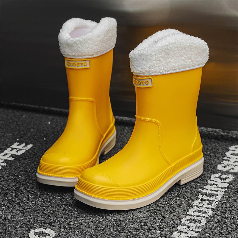 Non-slip women's rain shoes adult medium tube women's waterproof water shoes outdoor kitchen work rain boots velvet rubber shoes