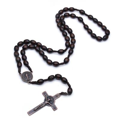Saint Benedict Rosary Necklace Cross Catholic Brown Wooden Cross Necklace Christ Prayer Beads