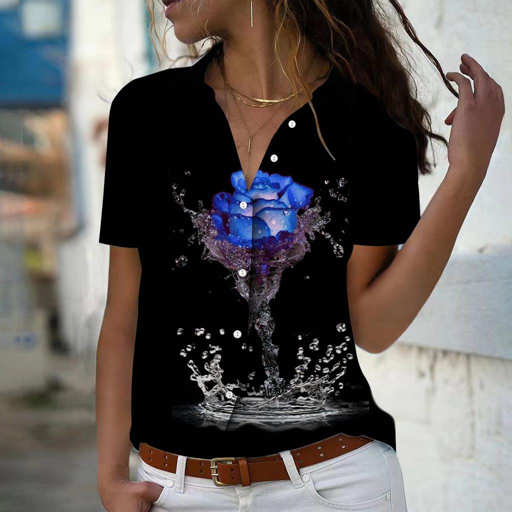 2025 Summer New Fashion Women's Flower Printed Short Sleeve V-neck Casual Button-down Shirt Top