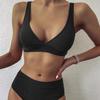 Letní bikiny s výstřihem do V, dvoudílná sada, jednobarevné, žebrované, hluboké, s podprsenkou, plavky