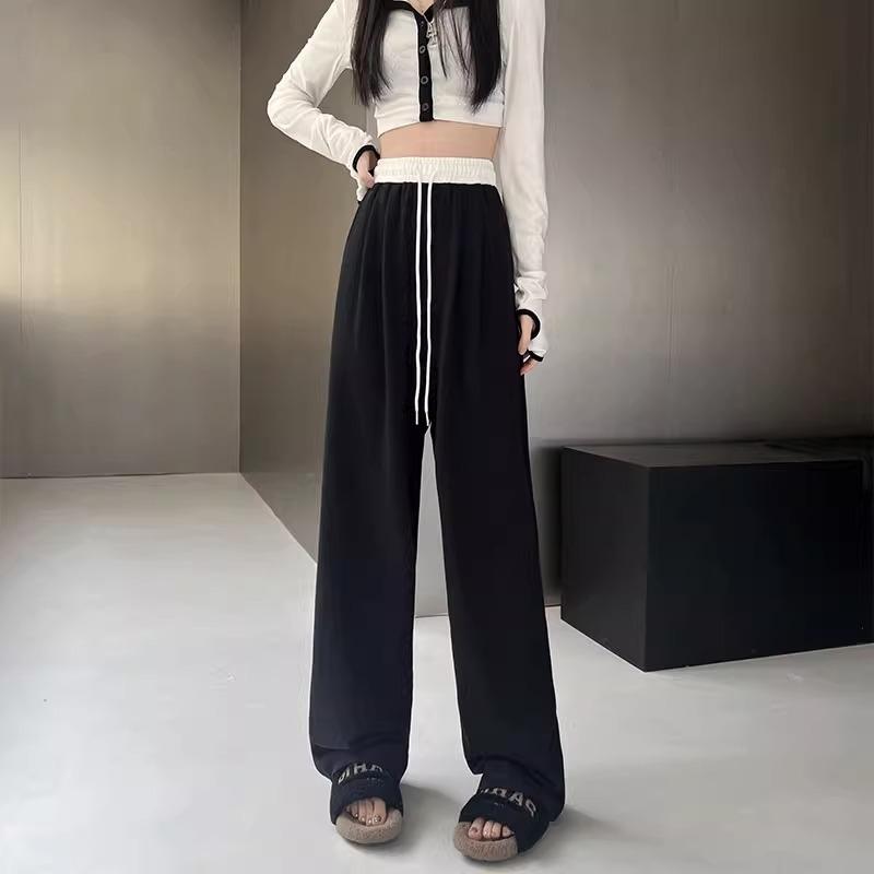 

Black straight-leg sweatpants women s spring and autumn new loose contrasting color casual sweatpants high waist drooping wide-leg pants S [Suitable for 75-47.5 kg]