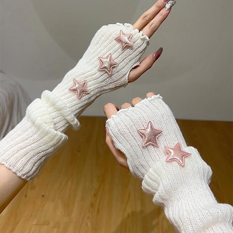 Y2K Star Gloves for Women Girls Japanese Harajuku Sweet Lolita Arm Sleeves Autumn Winter Arm Warmers Knitted Mittens Accessories