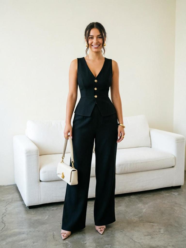 Elegant Women's V-neck Vest & Long Pants Summer Two-piece Set