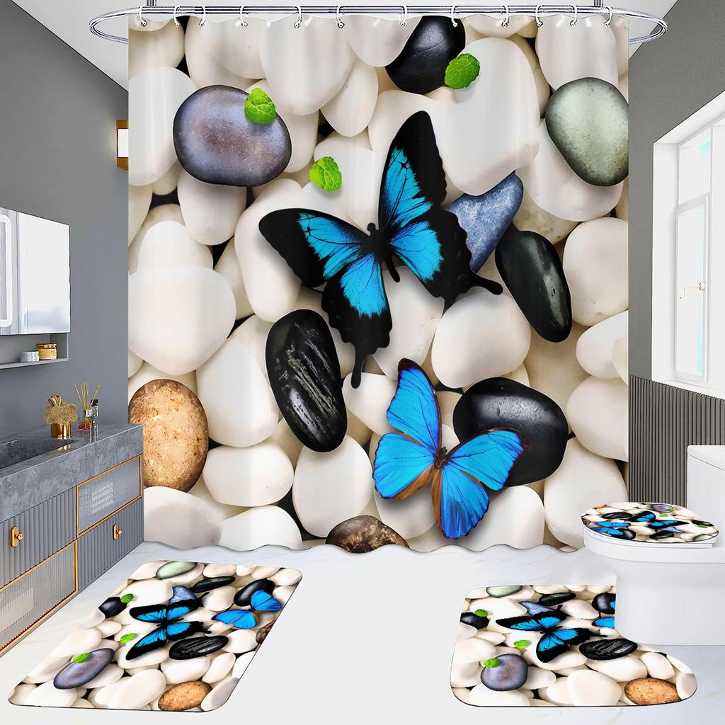 4-Piece Shower Curtain Set with HD Digital Printing | Waterproof, Drill-Free, Ideal for Home/Hotel Bathroom Partition