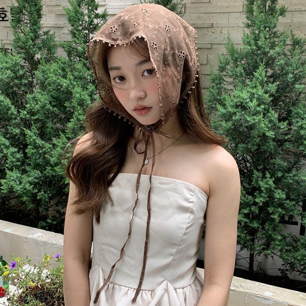 Lattice Lace Hair Scarf Pastoral Style Printing Hair Scarf Vintage Triangle Hair Band Strap  Women
