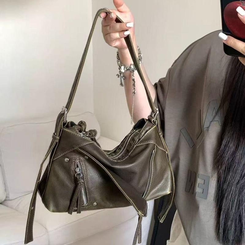 Fashion Tassel Underarm Bag Y2k Hot Girl Vintage Motorcycle Bag Tassel-decorated Women's Handbag Casual Versatile Commuter Bag