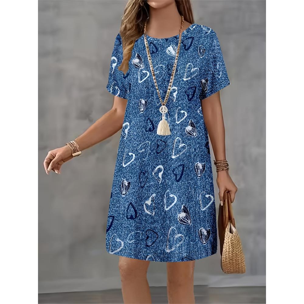 Women's Summer Short Seeved Round Neck Casual Mini Dress Vintage 3D Imitation Denim Printed Dress Elegant Women's Dress Vestidos