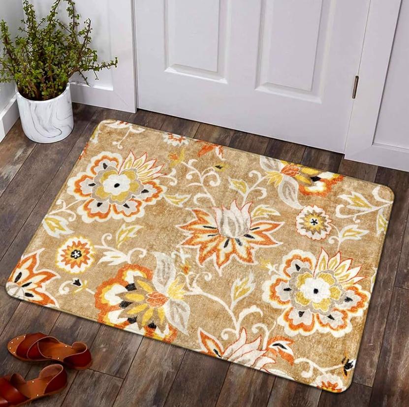 

Door Mat Brown Background Vintage Warm Floral Pattern Non Slip Print Entryway Rug for Rustic Home Decoration 40cm x 60cm