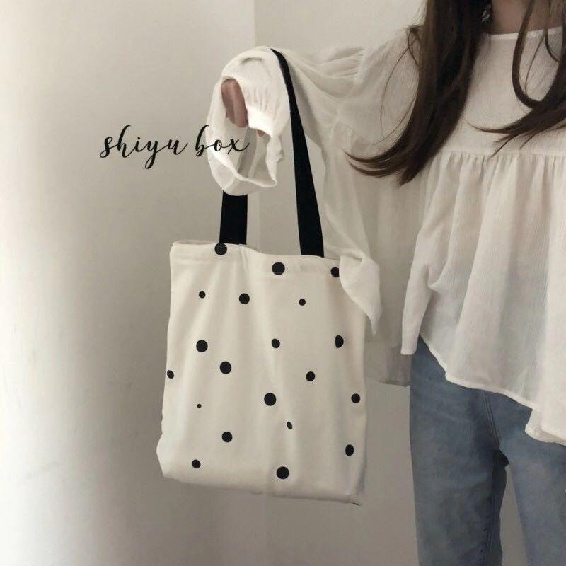 2025 Korean Style Heart Cloud Polka Dot Canvas Tote for Women