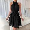 Autumn Winter Women Sleeveless High Waist A-Line Dress Solid Color Halter Casual Knee-Length Ruffled Edges