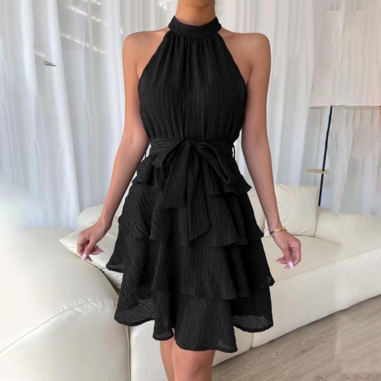 Autumn Winter Women Sleeveless High Waist A-Line Dress Solid Color Halter Casual Knee-Length Ruffled Edges