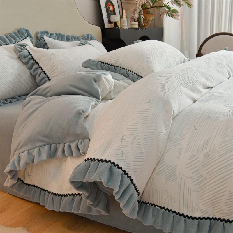 Winter Thick Milk Fleece Bedding Set French Lace Duvet Cover Sheet Coral