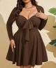 Women's Black Long Sleeve V-Neck Bow Detail Side Slit Knit Dress
