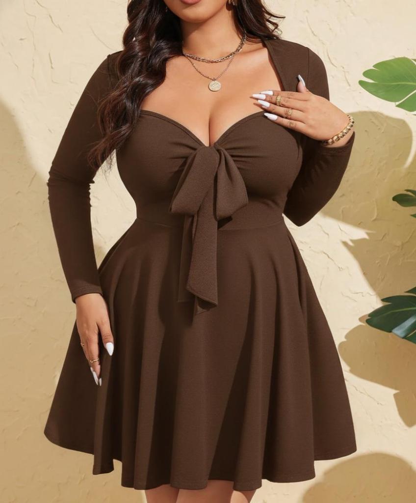 Women's Black Long Sleeve V-Neck Bow Detail Side Slit Knit Dress