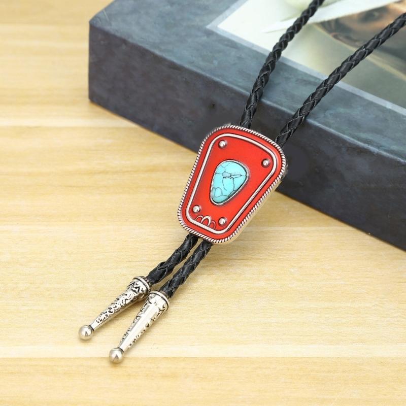 Men Women Bolo Tie Necktie Artificial Leather Braided Rope Necklace with Enamel Stone Pendant Jewelry Cowboy Neckwear