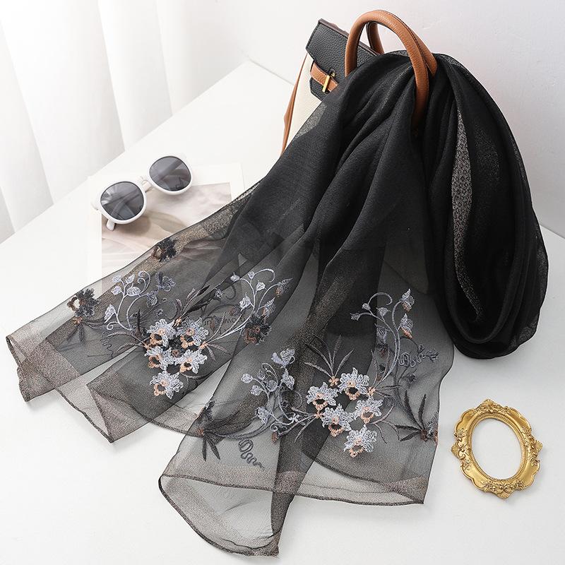 Four Season silk wool scarf women hijab pashmina shawls wrap Bandana Blanket Floral Pashmina Embroidery Scarves Foulard