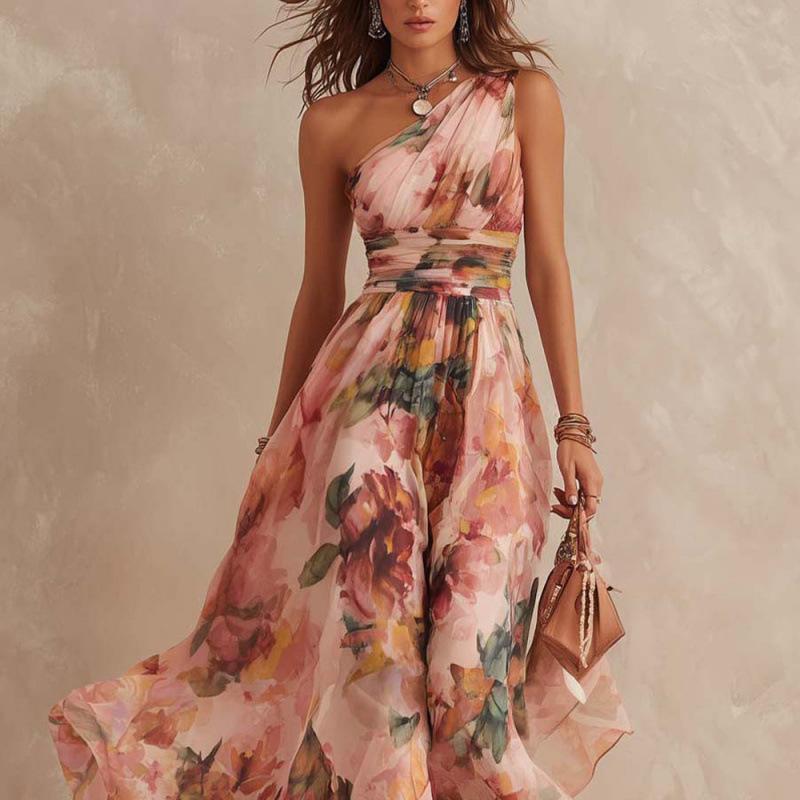 European and American Summer New Women's Clothing Digital Printing Temperament Elegant Slanted Shoulder Sleeveless Dress