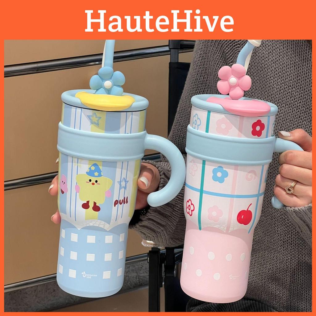 Cute Cartoon Insulated Travel Mug With Handle For Office And Outdoor Use